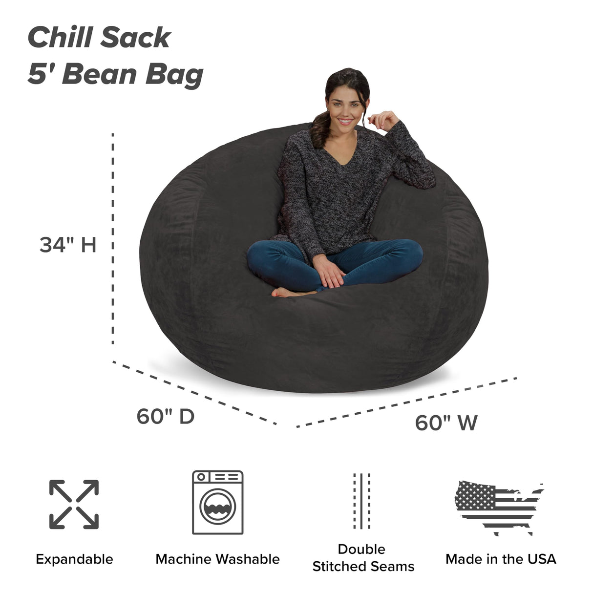 Chill Sack Bean Bag Chair: Giant 5' Memory Foam Furniture Bean Bag - Big Sofa with Soft Micro Fiber Cover - Black