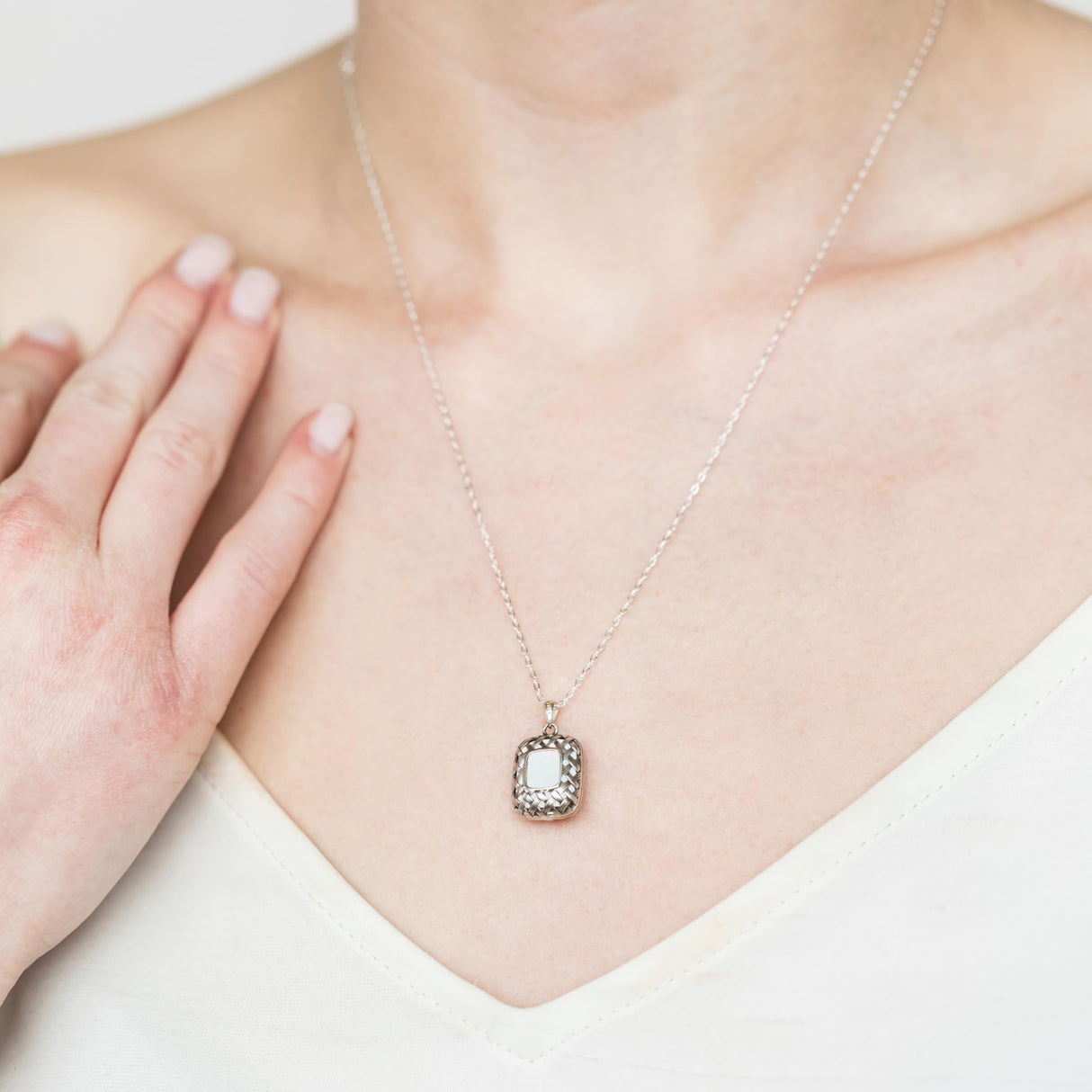 Bottled Up Designs Handmade Vintage Quilted Square Necklace, Sterling Silver, Eco Friendly, Made in USA, Birthday Gifts, Mothers Day, Women, Anniversary (Clear Dairy Bottle)