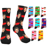 Custom Face Socks with Photo Novelty Crew Socks, Personalized Red Hearts Unisex Crew Sock Gifts for Men Women Made in USA