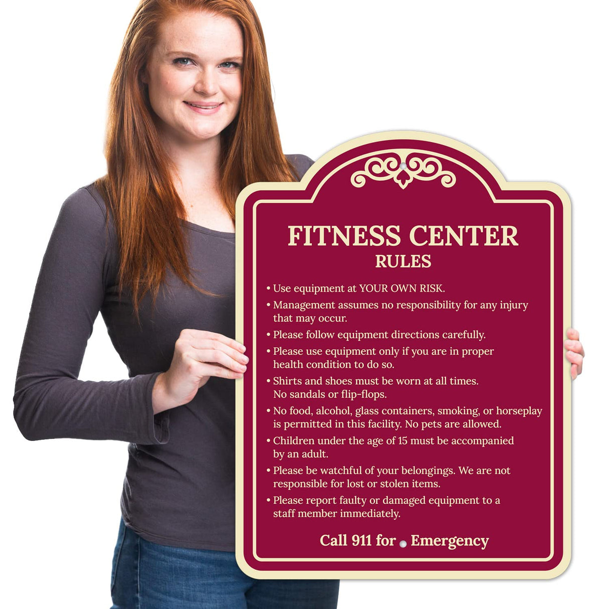 Sigo Signs, Fitness Center Rules Use Equipment at Your Own Risk Décor Sign, Green Light, 12x18 Inches, ACM, Fade Resistant, Made in USA
