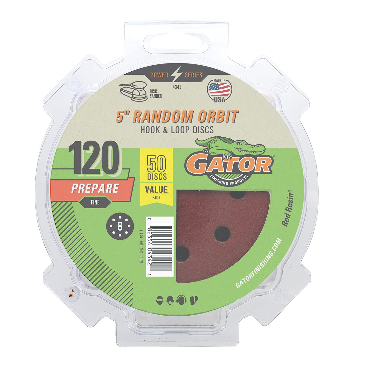 Gator 5" Random Orbit Hook & Loop Red Resin Aluminum Oxide Sanding Discs, 8-Hole, 40 Grit, 50 Pack