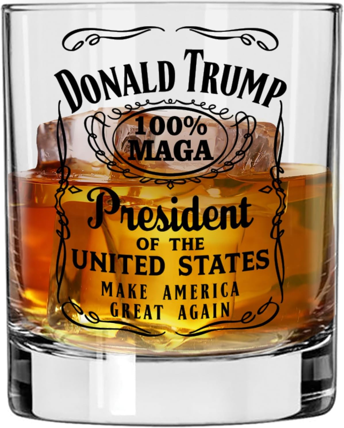 Donald Trump Whiskey Label 100% MAGA 10.5 oz Whiskey Glass for Dad, Gift for Husband, Stepfather Gift Idea, Unique Gifts for Men, Trump Stuff, Maga Merch