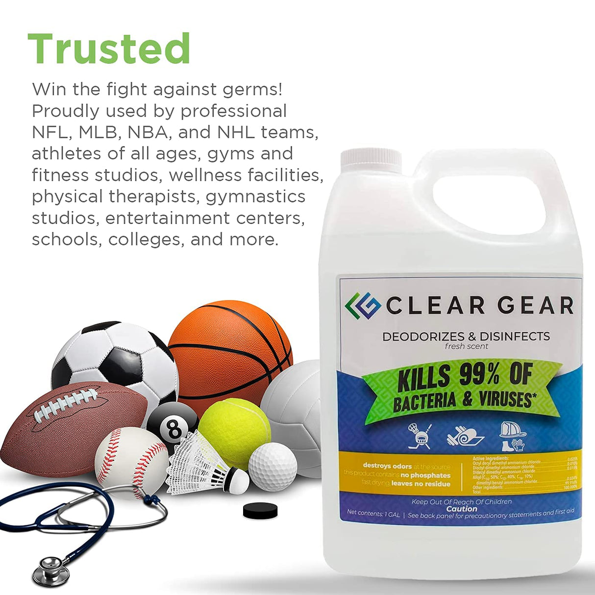 Disinfectant, Cleaner, and Deodorizer for Sports Equipment, Gyms, and Fitness Centers - EPA-Registered, Hospital Grade, Made in USA - 1 Gallon Bottle