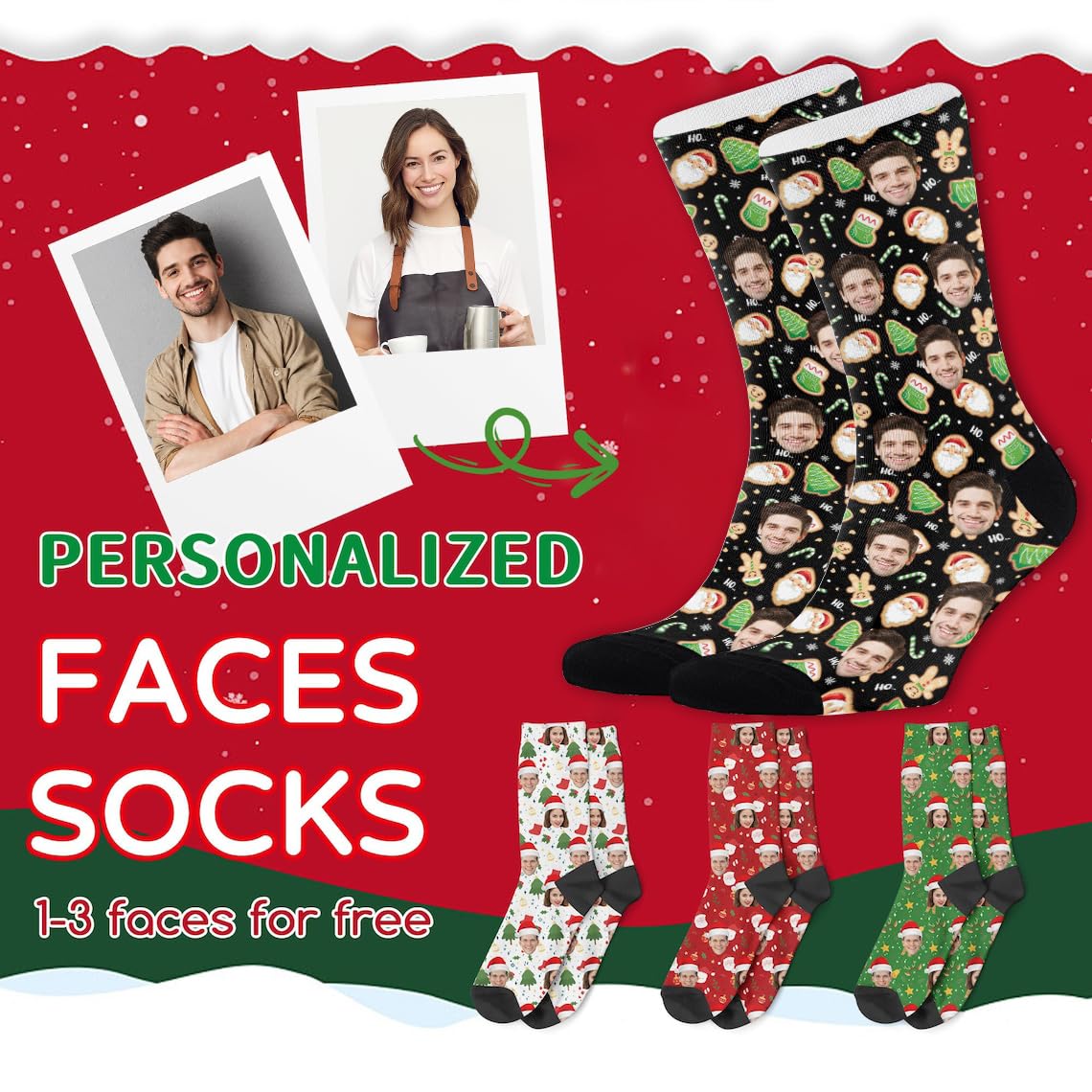 Custom Face Socks with Photo Novelty Crew Socks, Personalized Red Hearts Unisex Crew Sock Gifts for Men Women Made in USA