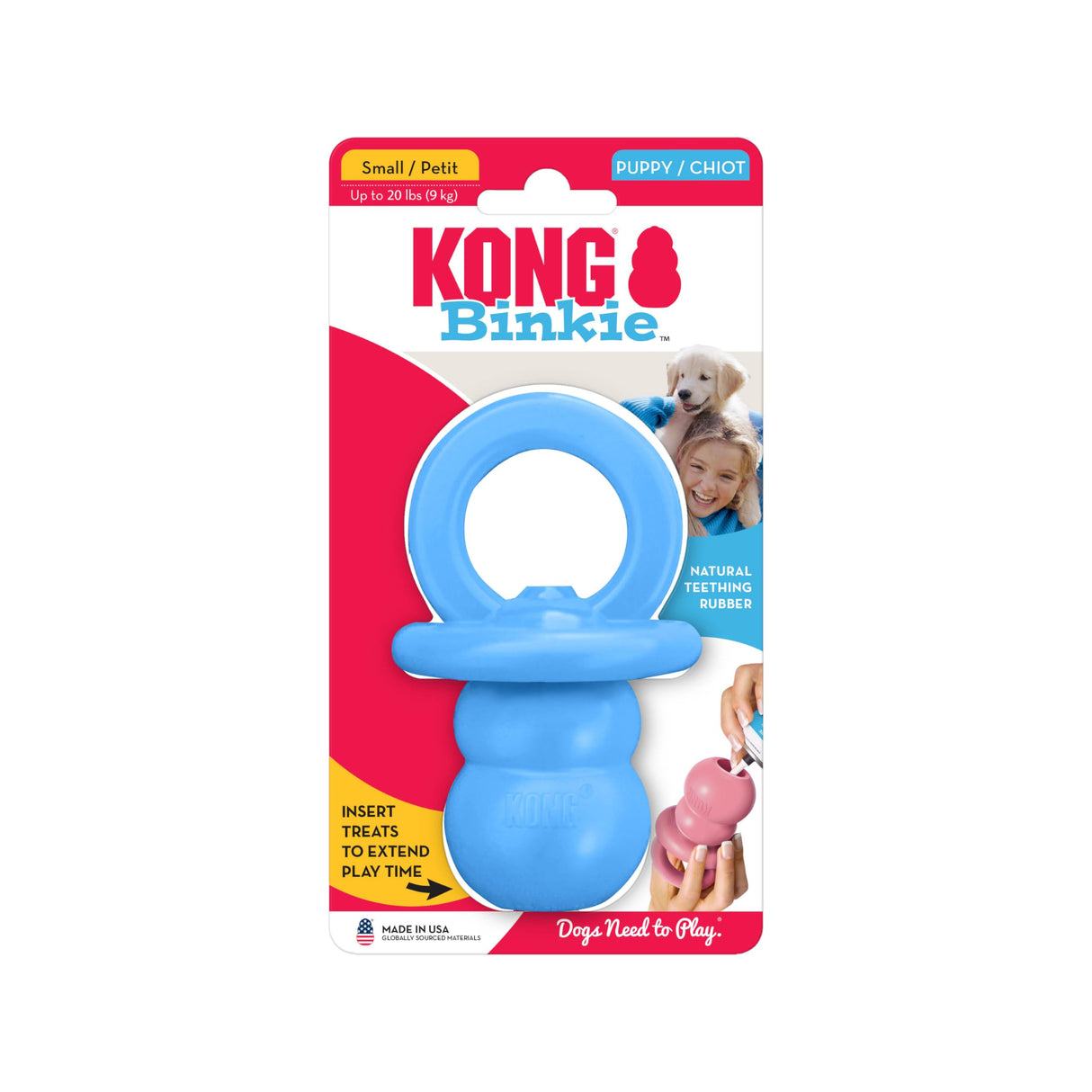 KONG Puppy Binkie - Pacifier Dog Toy for Puppies - Stuffable Chew Toy for Puppy Playtime - Durable Natural Rubber Dog Treat Toy for Teething Puppy - for Small Puppies - Blue