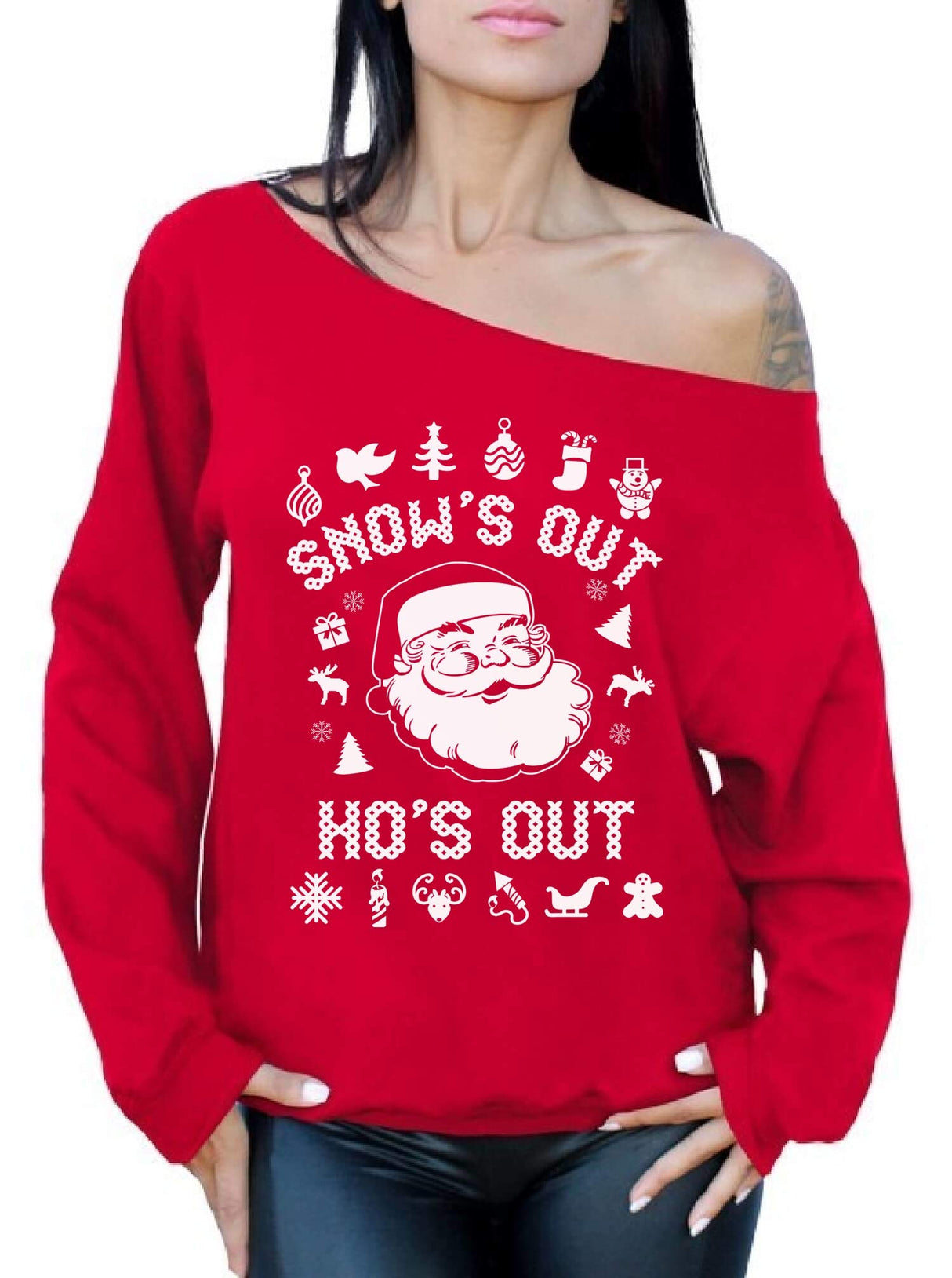 I Got Hos in Different Area Codes - Ugly Christmas Sweater for Women - Xmas Off Shoulder Sweatshirt