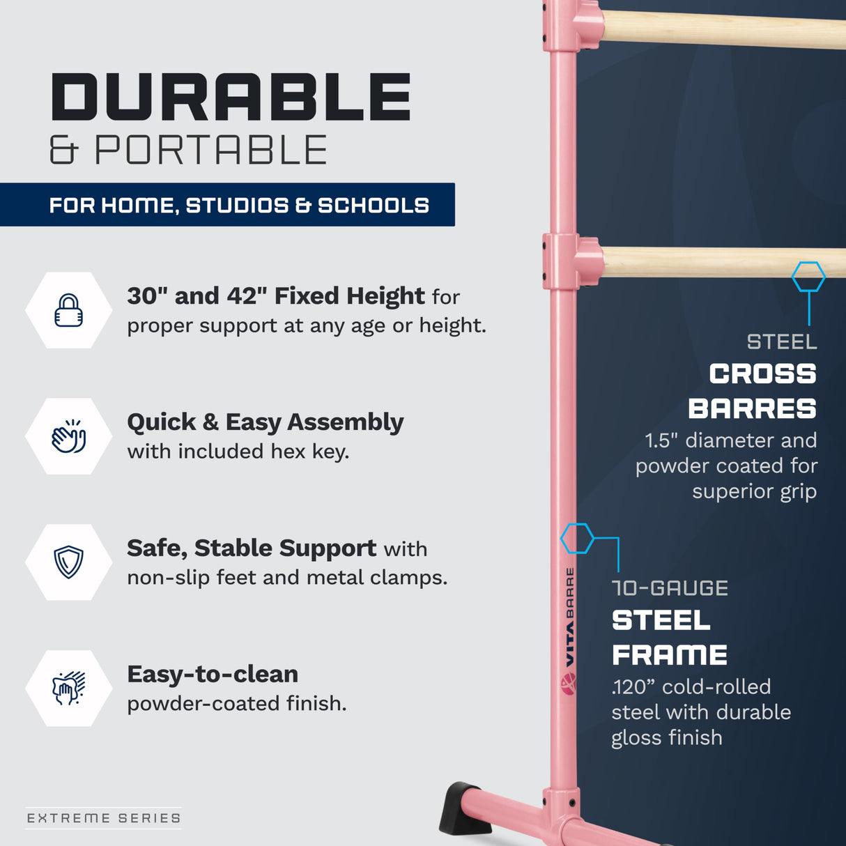 VITA Barre Portable Freestanding Double Ballet Barre, Extreme, Wood | Fixed Height, Made in USA, Home or Gym Exercise Equipment for Kids & Adults | Dance, Fitness, Pilates