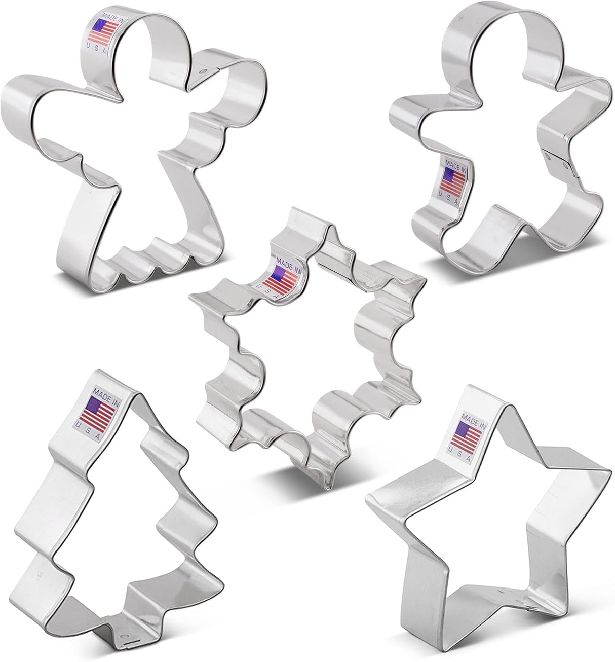 Christmas and Holiday Cookie Cutters 5-Pc Set Made in USA by Ann Clark, Gingerbread Man, Christmas Tree, Star, Snowflake, Angel