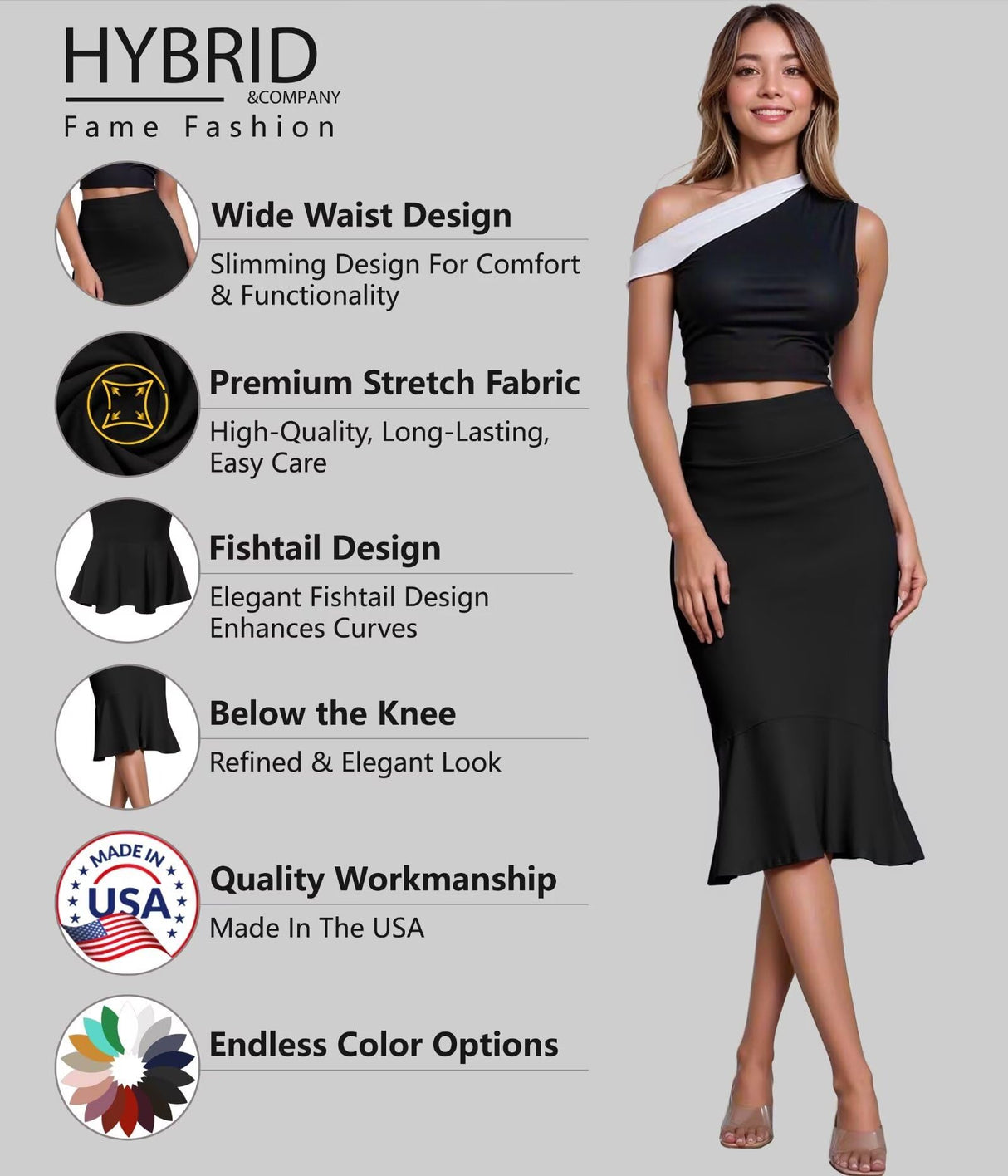 Hybrid & Company Womens Premium Nylon Ponte Stretch Office Fishtail Pencil Skirt High Waist Made in The USA Below Knee