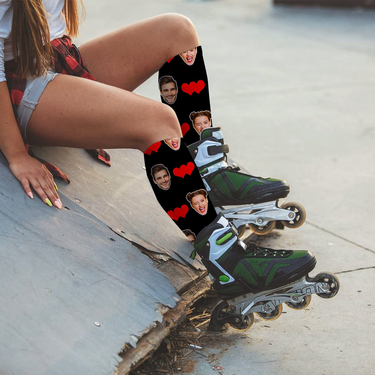 Custom Face Socks with Photo Novelty Crew Socks, Personalized Red Hearts Unisex Crew Sock Gifts for Men Women Made in USA