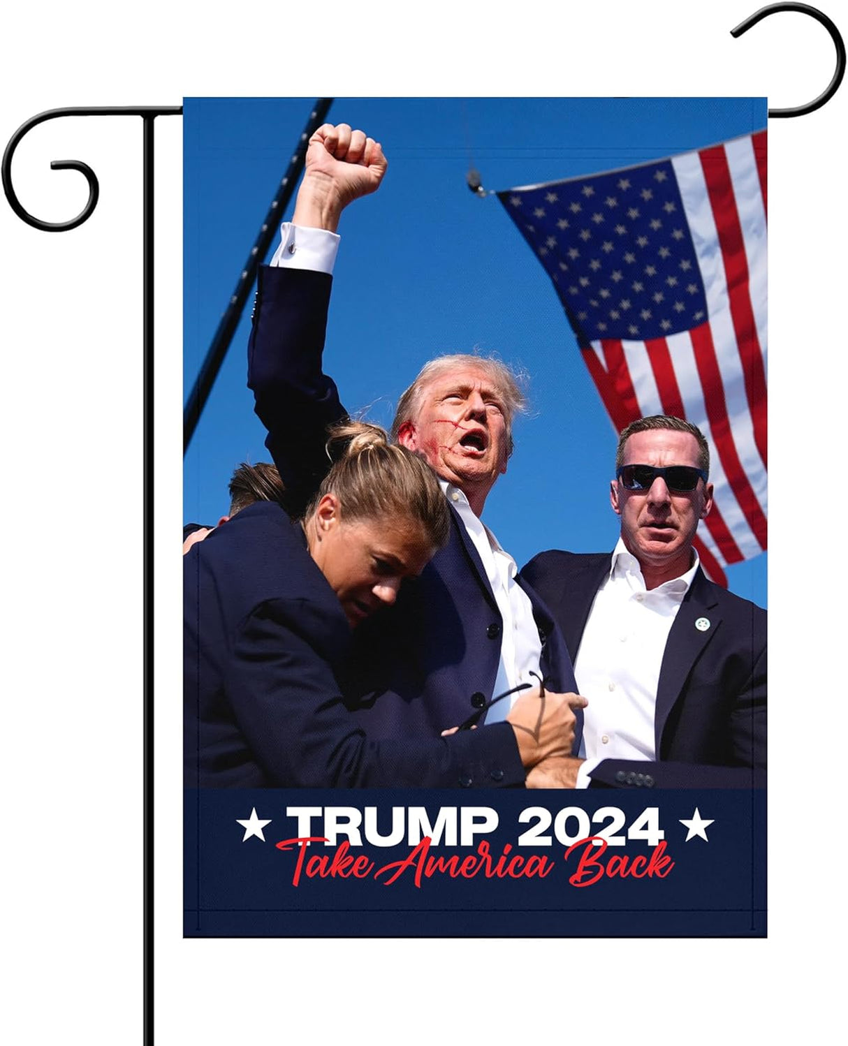 Factory Crafts Made In USA - Not China - Trump 2024 Garden flag | Assassination Attempt Fight | 18"x12.5" Vertical Double sided print - **pole not included** Indoor/Outdoor Yard Decoration |