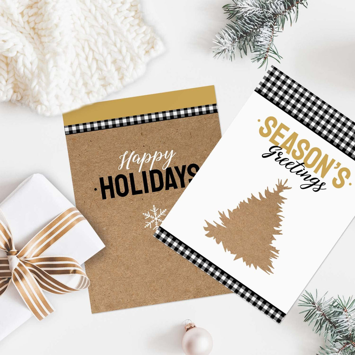 Painted Kraft Style Holiday Cards / 24 Modern Christmas Note Cards With White Envelopes / 4 5/8" x 6 1/4" Illustrated Faux Kraft Greeting Cards / 6 Cheery Winter Designs/Made In The USA