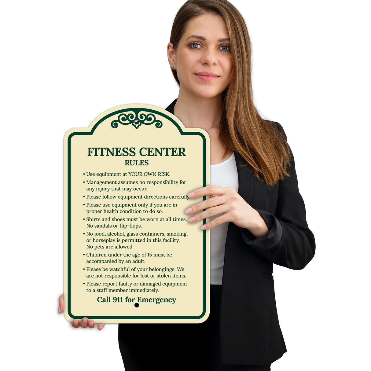 Sigo Signs, Fitness Center Rules Use Equipment at Your Own Risk Décor Sign, Green Light, 12x18 Inches, ACM, Fade Resistant, Made in USA