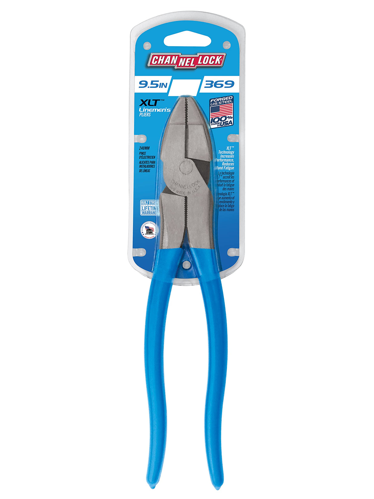 Channellock 369 9.5-Inch Lineman's Pliers | Xtreme Leverage Technology (XLT) Requires Less Force to Cut than Other High-Leverage Models | Forged from High Carbon Steel | Made in the USA, Blue Handle