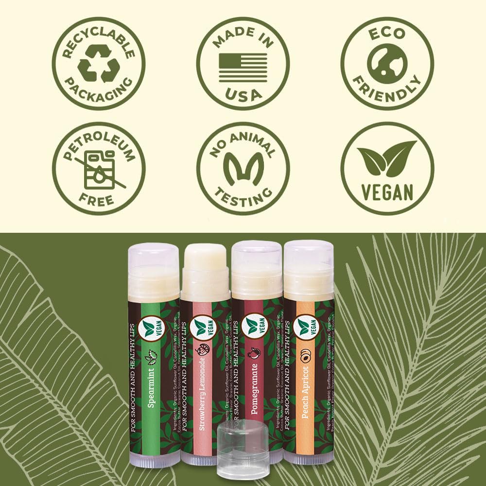 USDA Organic Lip Balm 6-Pack by Earth's Daughter Stocking Stuffers - Fruit Flavors, Beeswax, Coconut Oil, Vitamin E - Best Lip Repair Chapstick for Dry Cracked Lips - Moisturizing Lip Care