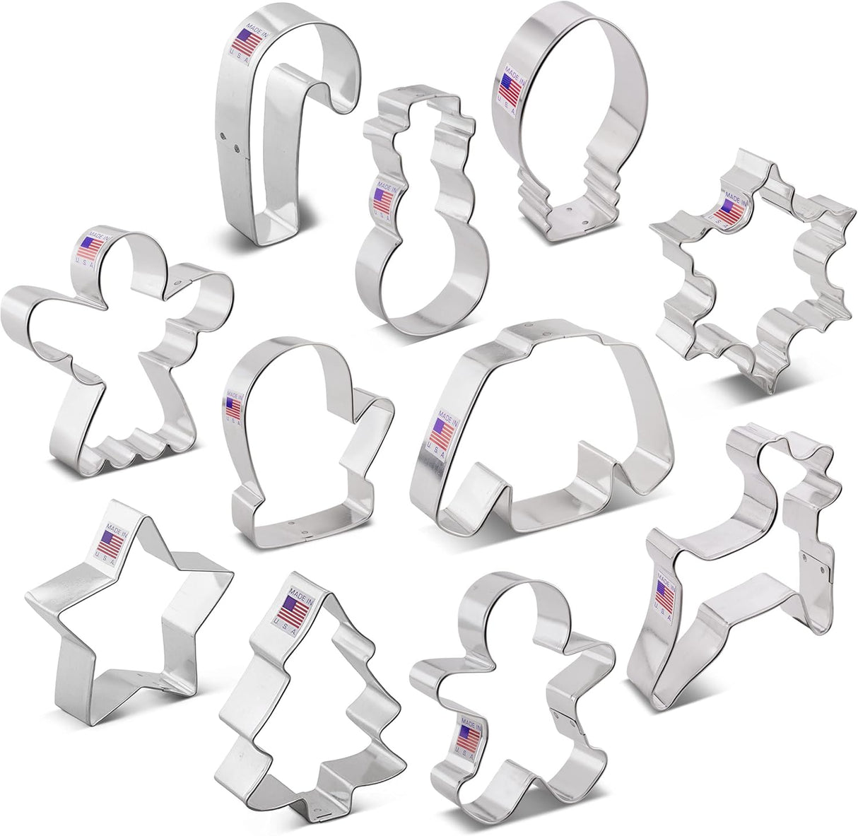 Christmas Cookie Cutters 11-Pc Set Made in USA by Ann Clark, Gingerbread Man, Christmas Tree, Candy Cane, Reindeer and more