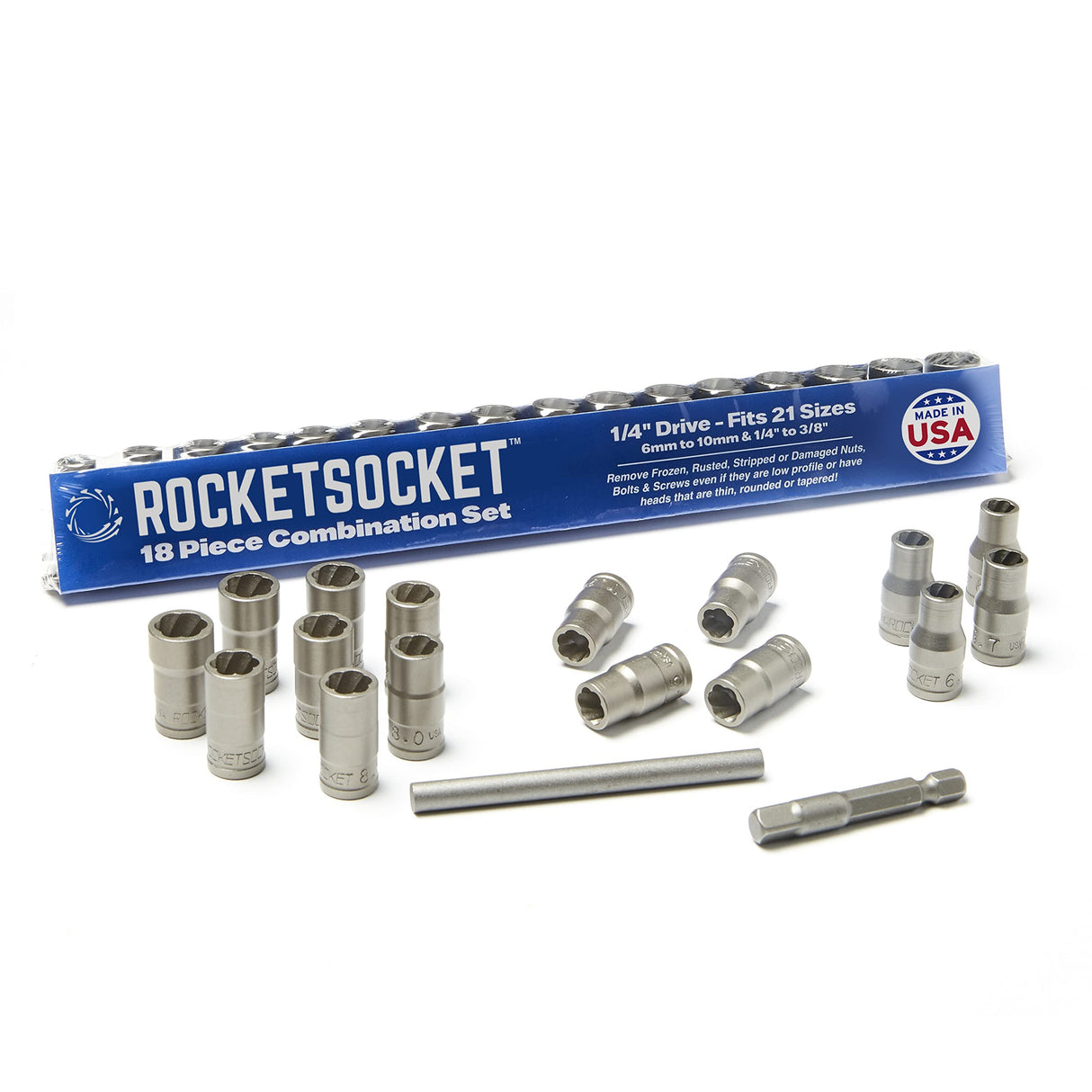 | 18 Piece ¼” Drive Bolt Lug Nut Extractor Socket Tool Set | RAZORGRIP Technology Extract Damaged Frozen Rusted Rounded-Off Bolts Nuts & Screws | Made in USA Steel