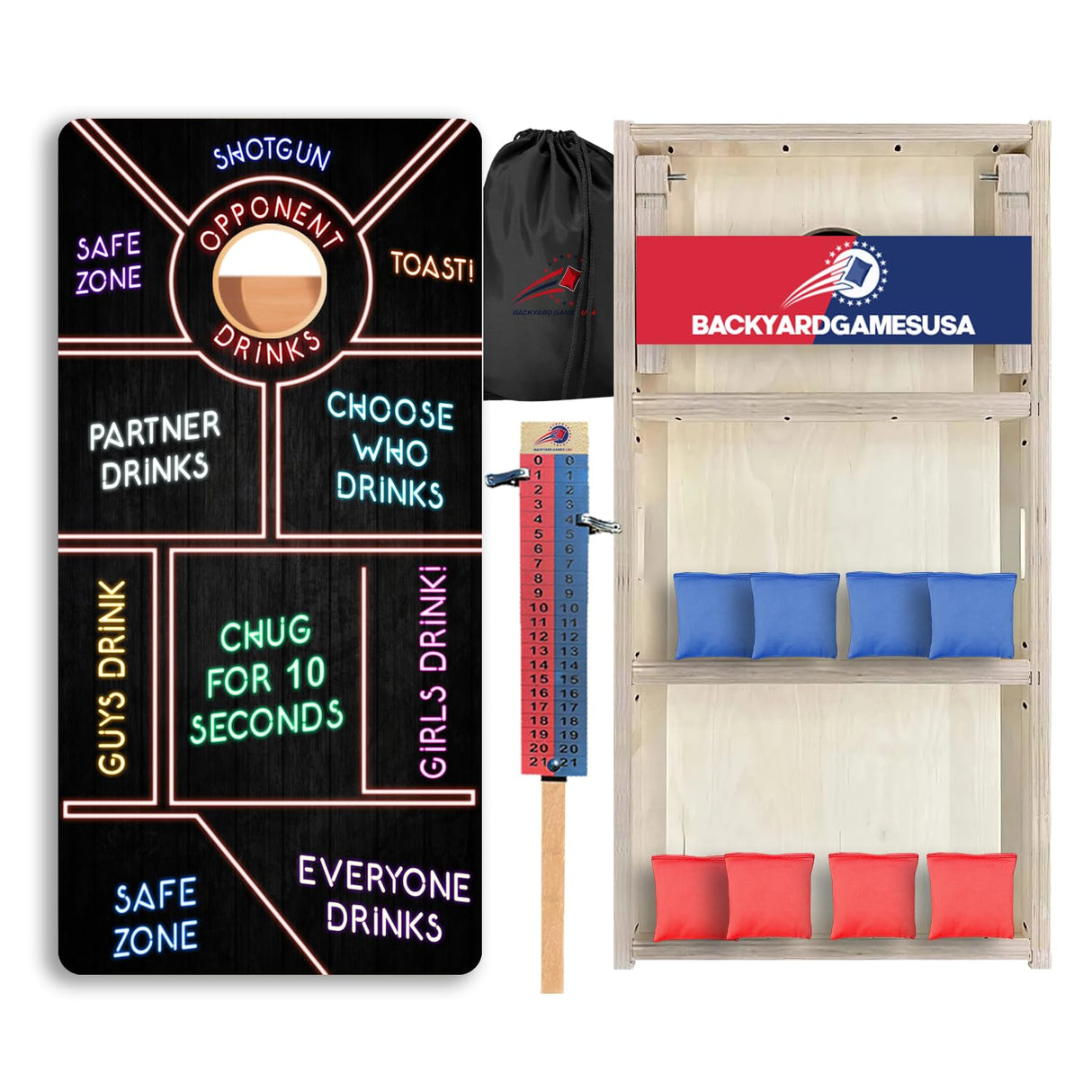 BackYardGamesUSA Pro Cornhole Boards Set | Made in USA | 3/4 Baltic Birch | No Bounce | Triple Thick Legs | Two Brace & Handles, Tournament 2x4 Regulation Set with Score Tower & Cornhole Bags