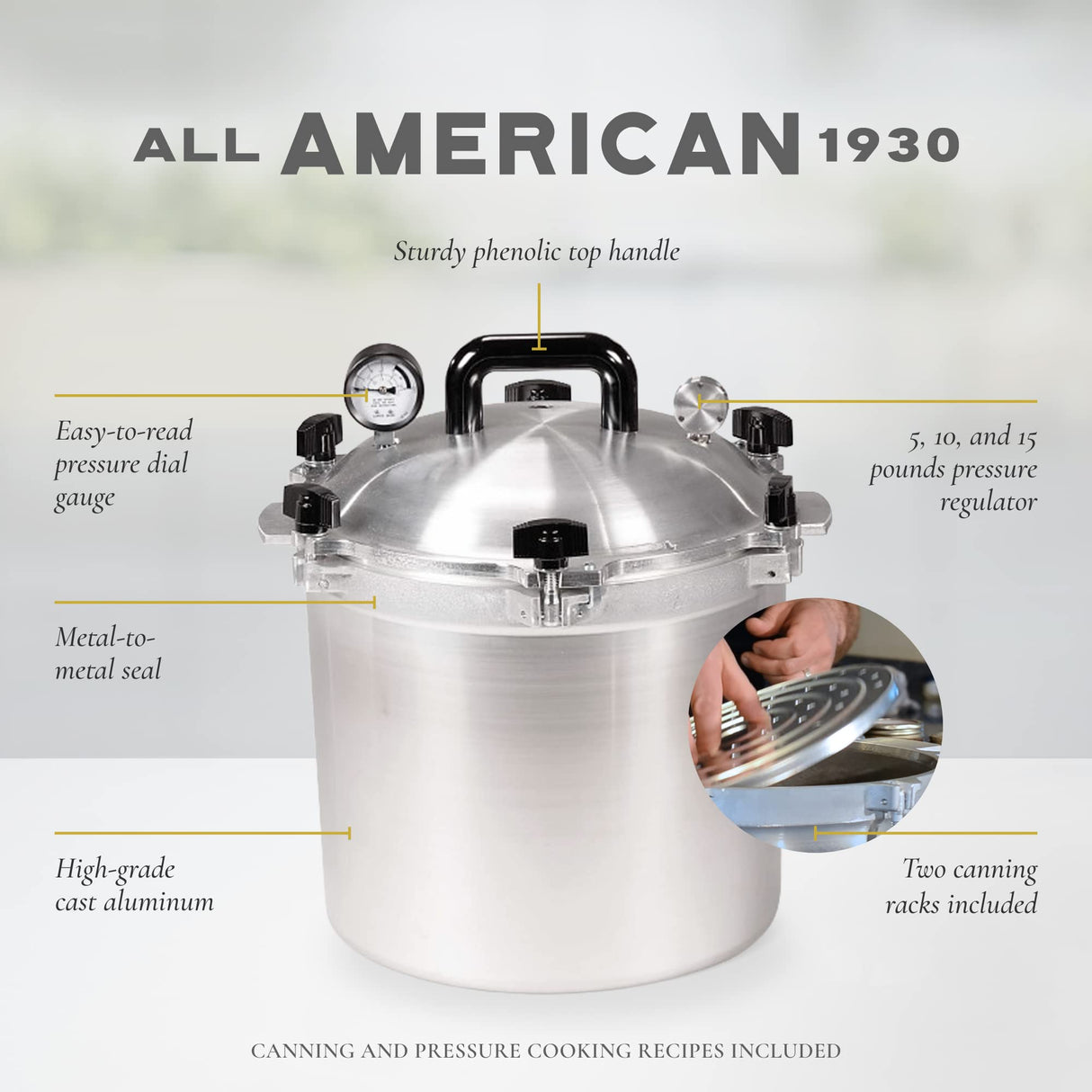 All American 1930: 10.5qt Pressure Cooker/Canner (The 910) - Exclusive Metal-to-Metal Sealing System - Easy to Open & Close - Suitable for Gas, Electric, or Flat Top Stoves - Made in the USA