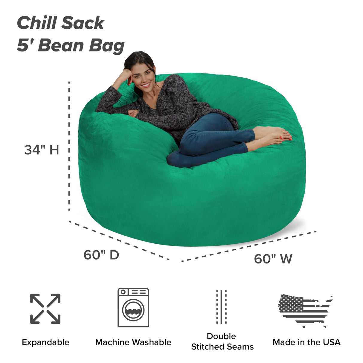 Chill Sack Bean Bag Chair: Giant 5' Memory Foam Furniture Bean Bag - Big Sofa with Soft Micro Fiber Cover - Black