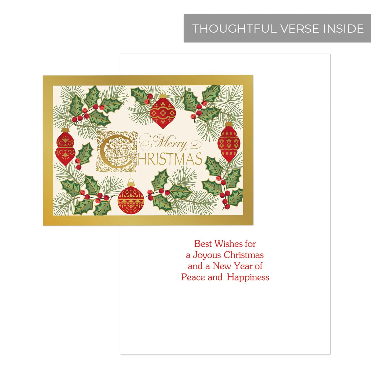 Masterpiece Sparkling Santa Christmas Cards / 16 Festive Holiday Cards Set With White Envelopes / 5 5/8" x 7 7/8" Winter Gold Foil Greeting Cards With Inside Verse/Made In The USA