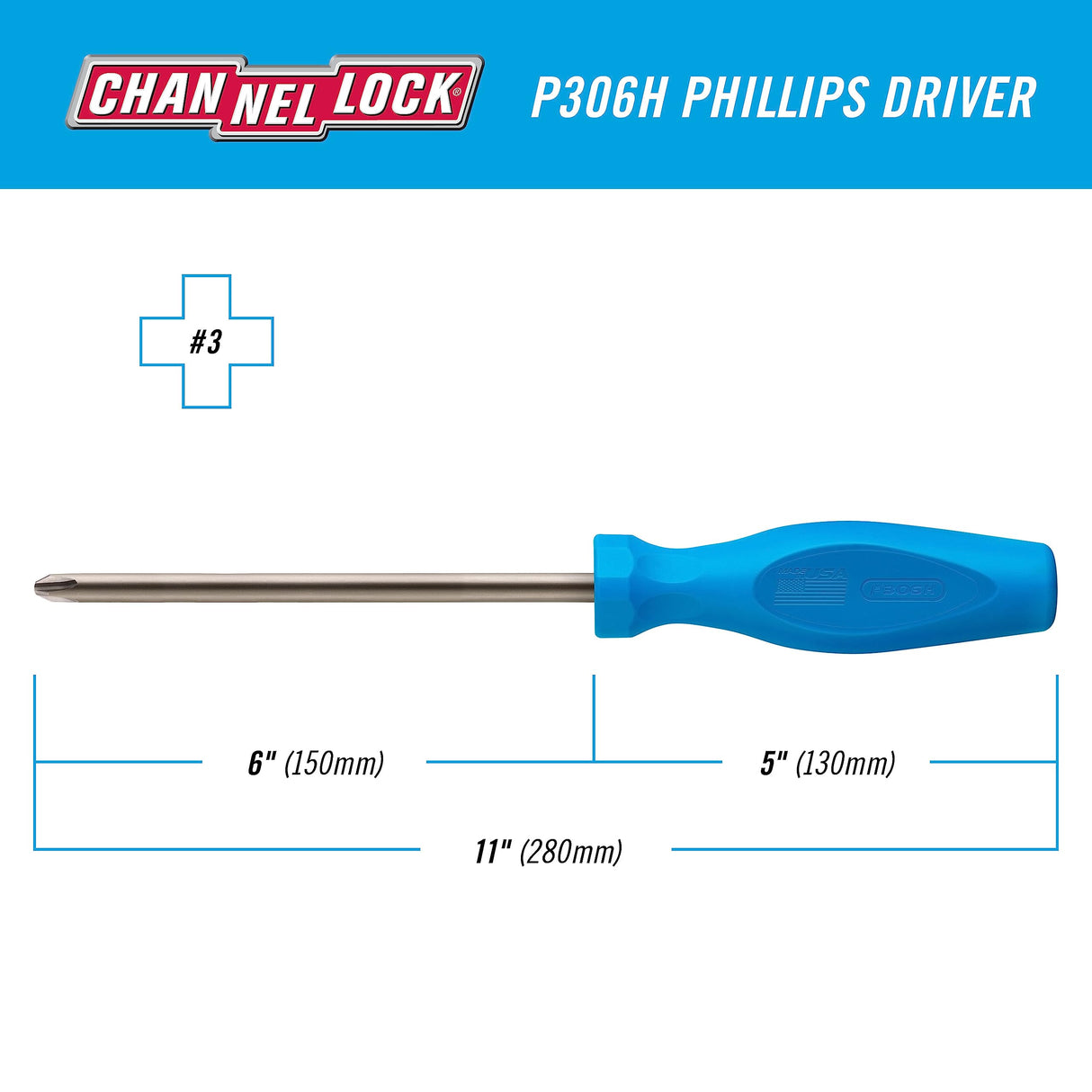 CHANNELLOCK P306H #3 x 6-inch Professional Phillips Screwdriver, Magnetic Tip, Made in USA, Molded Tri-Lobe Grip