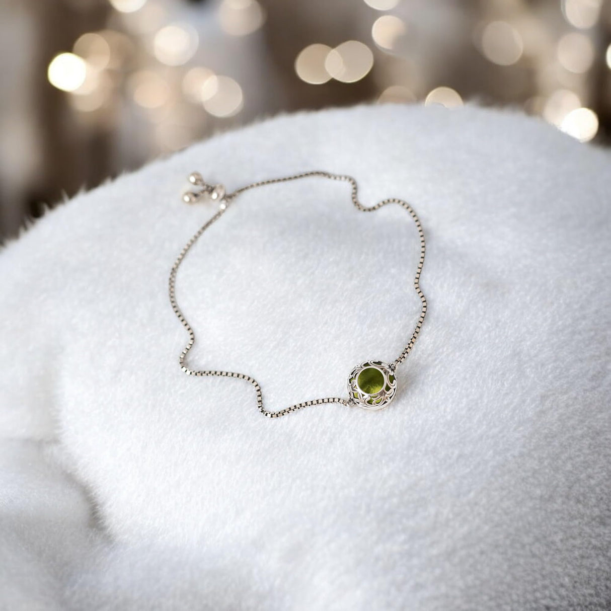 Bottled Up Designs Handmade Vintage Lace Adjustable Slider Bracelet, Recycled Glass, Sterling Silver, Eco Friendly, Made in USA, Birthday Gifts, Mothers Day, Women (Olive Wine Bottle)
