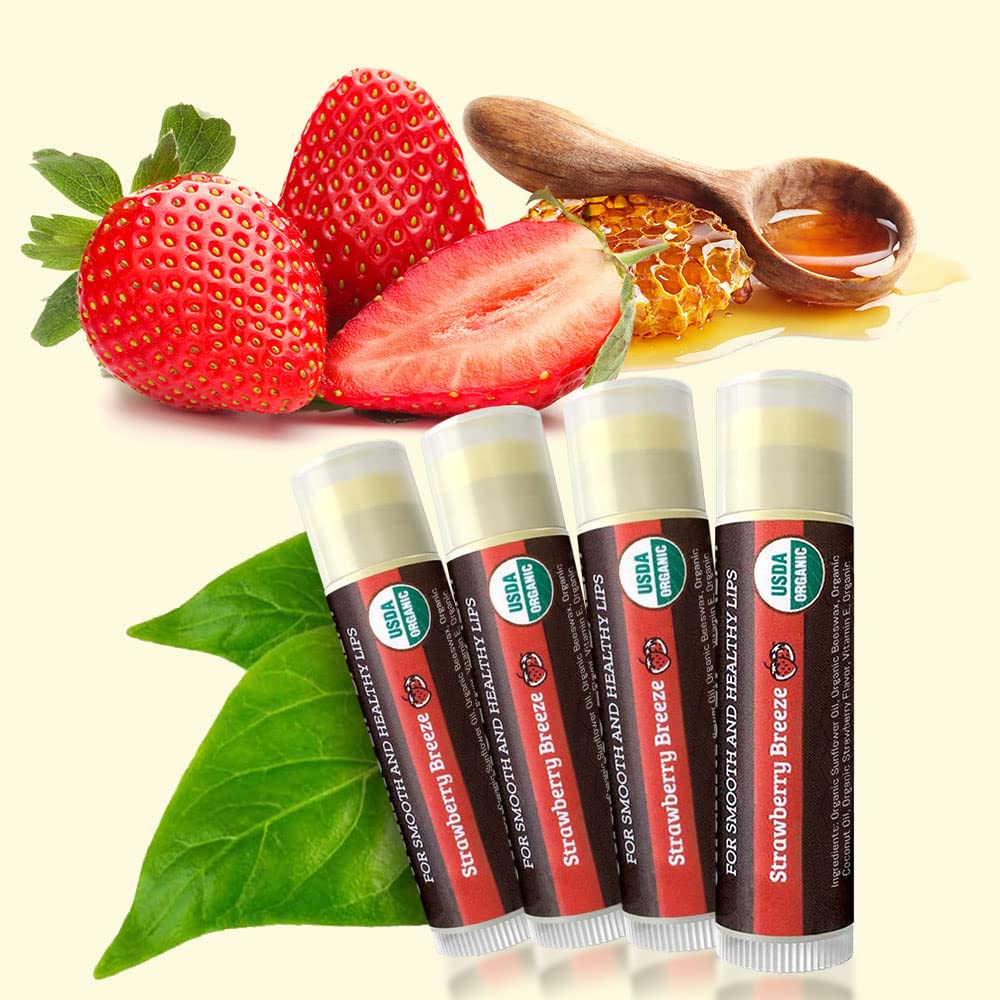 USDA Organic Lip Balm 6-Pack by Earth's Daughter Stocking Stuffers - Fruit Flavors, Beeswax, Coconut Oil, Vitamin E - Best Lip Repair Chapstick for Dry Cracked Lips - Moisturizing Lip Care