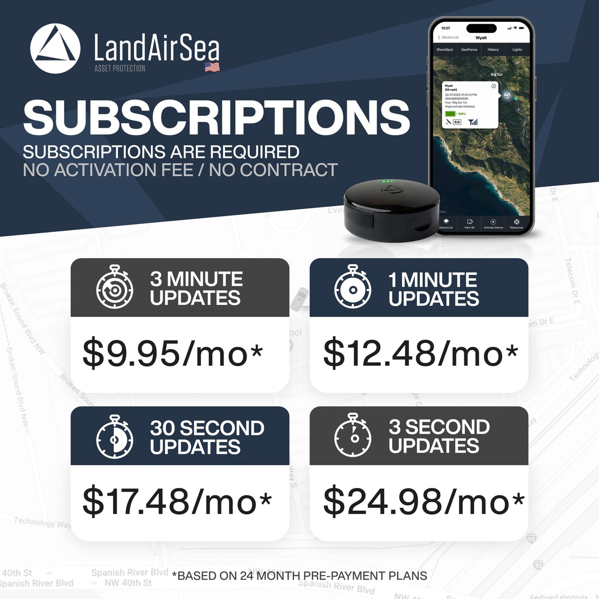 LandAirSea 54 GPS Tracker - Made in the USA from Domestic & Imported Parts. Long Battery, Magnetic, Waterproof, Global Tracking. Subscription Required