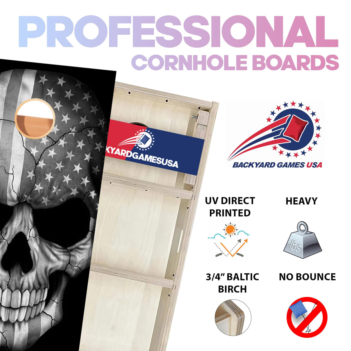 BackYardGamesUSA Pro Cornhole Boards Set | Made in USA | 3/4 Baltic Birch | No Bounce | Triple Thick Legs | Two Brace & Handles, Tournament 2x4 Regulation Set with Score Tower & Cornhole Bags