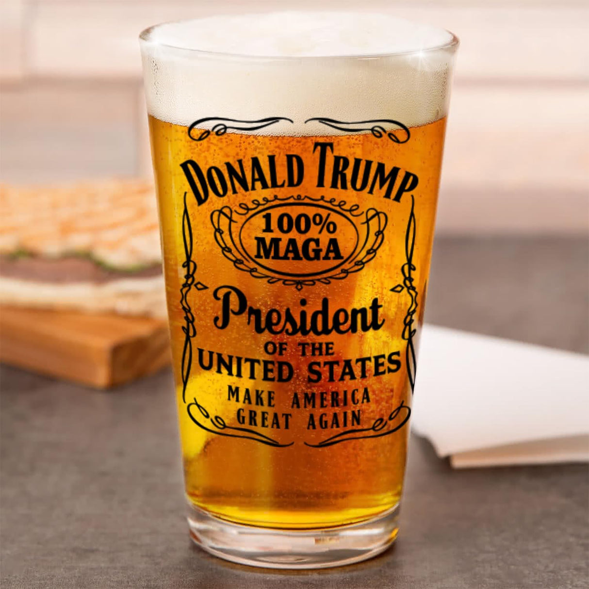Donald Trump Christmas Gift 100% MAGA Label 16 oz Pint Glass for Dad, Gift for Husband, Stepfather Gift Idea, Unique Gifts for Men, Trump Merch (101-15182-D)