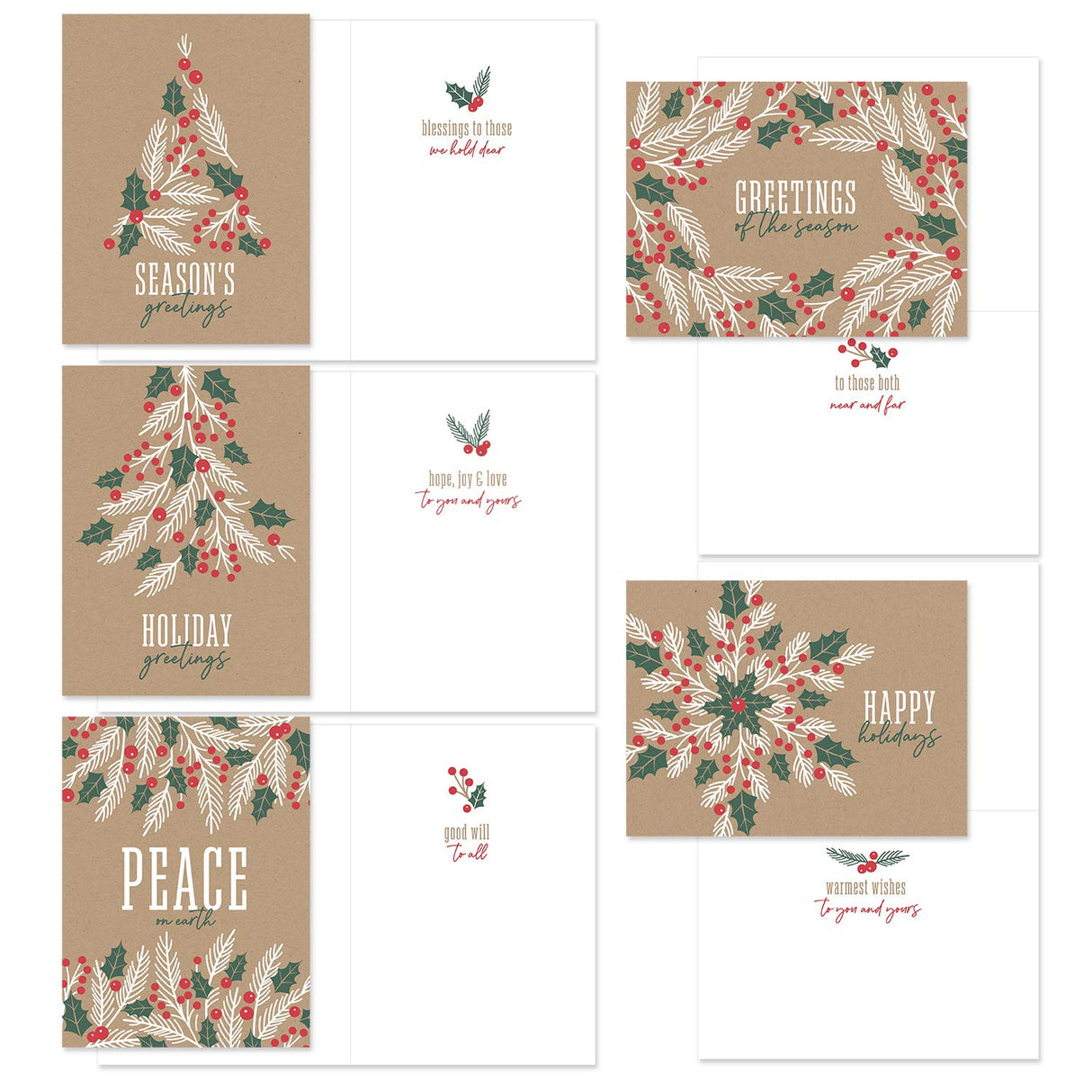 Painted Kraft Style Holiday Cards / 24 Modern Christmas Note Cards With White Envelopes / 4 5/8" x 6 1/4" Illustrated Faux Kraft Greeting Cards / 6 Cheery Winter Designs/Made In The USA