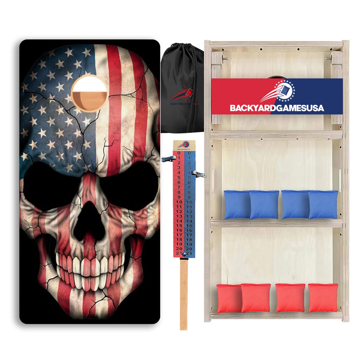 BackYardGamesUSA Pro Cornhole Boards Set | Made in USA | 3/4 Baltic Birch | No Bounce | Triple Thick Legs | Two Brace & Handles, Tournament 2x4 Regulation Set with Score Tower & Cornhole Bags