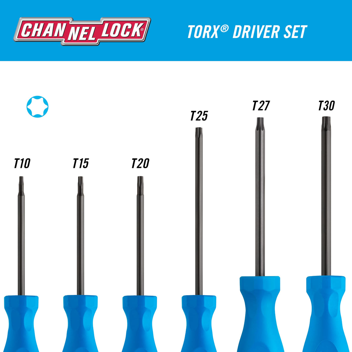 CHANNELLOCK TS-6H 6 Piece Professional Torx Screwdriver Set, Magnetic Tip, Made in USA, Molded Tri-Lobe Grip