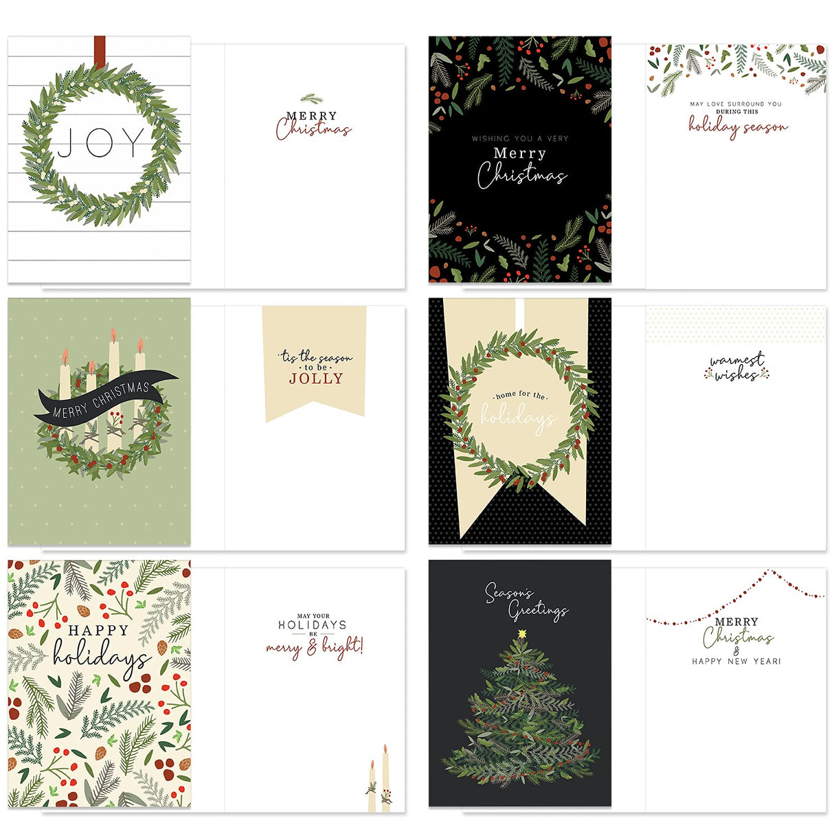 Painted Kraft Style Holiday Cards / 24 Modern Christmas Note Cards With White Envelopes / 4 5/8" x 6 1/4" Illustrated Faux Kraft Greeting Cards / 6 Cheery Winter Designs/Made In The USA