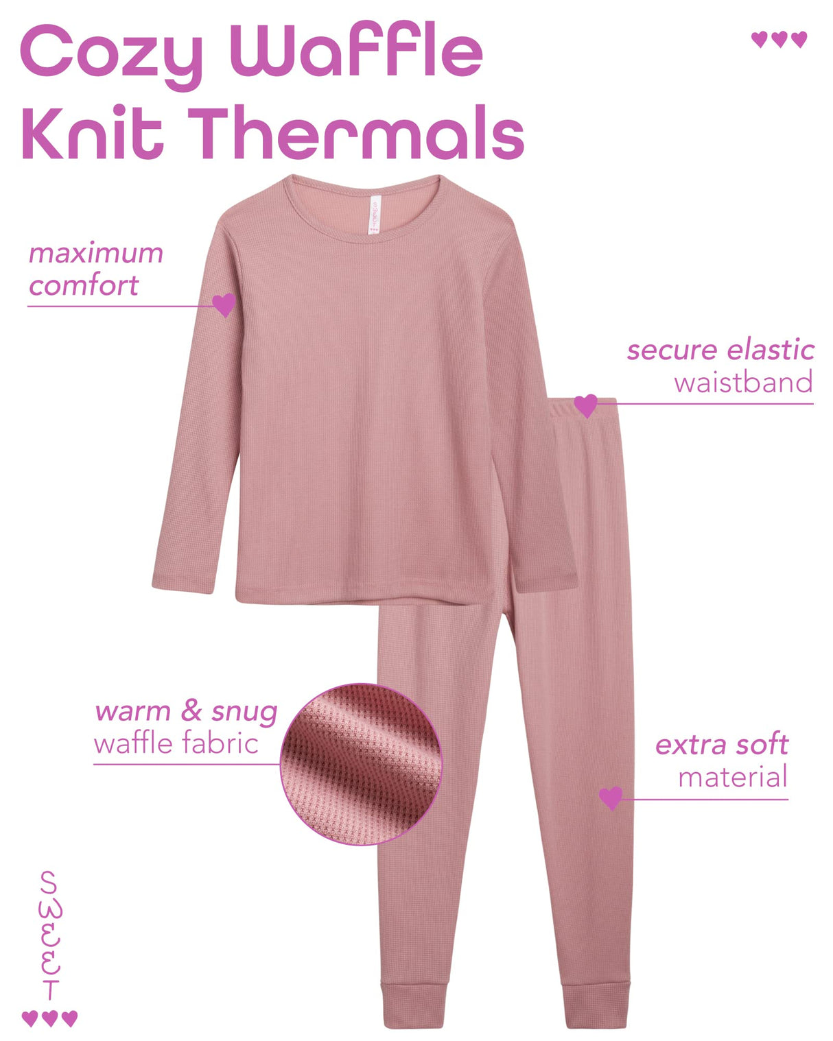 Sweet Hearts Girls' Thermal Underwear Set - 6 Piece Waffle Knit Top and Long Johns Base Layer Set: Made in USA (2T-16)