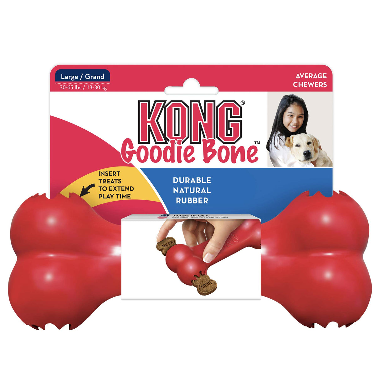 KONG Goodie Bone - Classic Durable Natural Rubber Dog Bone, Supports Mental Engagement - Treat Dispensing - Red - for Medium Dogs