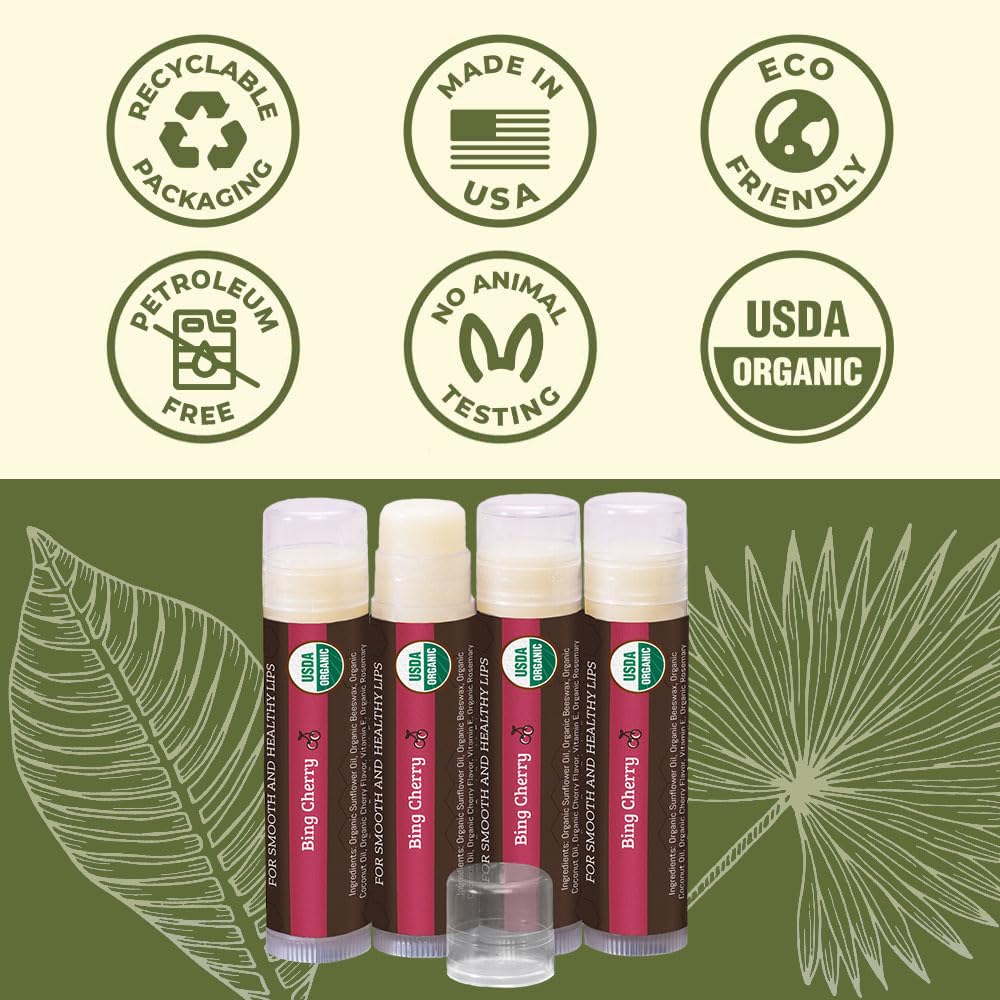 USDA Organic Lip Balm 6-Pack by Earth's Daughter Stocking Stuffers - Fruit Flavors, Beeswax, Coconut Oil, Vitamin E - Best Lip Repair Chapstick for Dry Cracked Lips - Moisturizing Lip Care