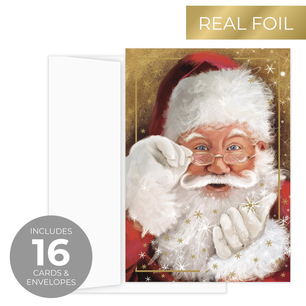 Masterpiece Sparkling Santa Christmas Cards / 16 Festive Holiday Cards Set With White Envelopes / 5 5/8" x 7 7/8" Winter Gold Foil Greeting Cards With Inside Verse/Made In The USA