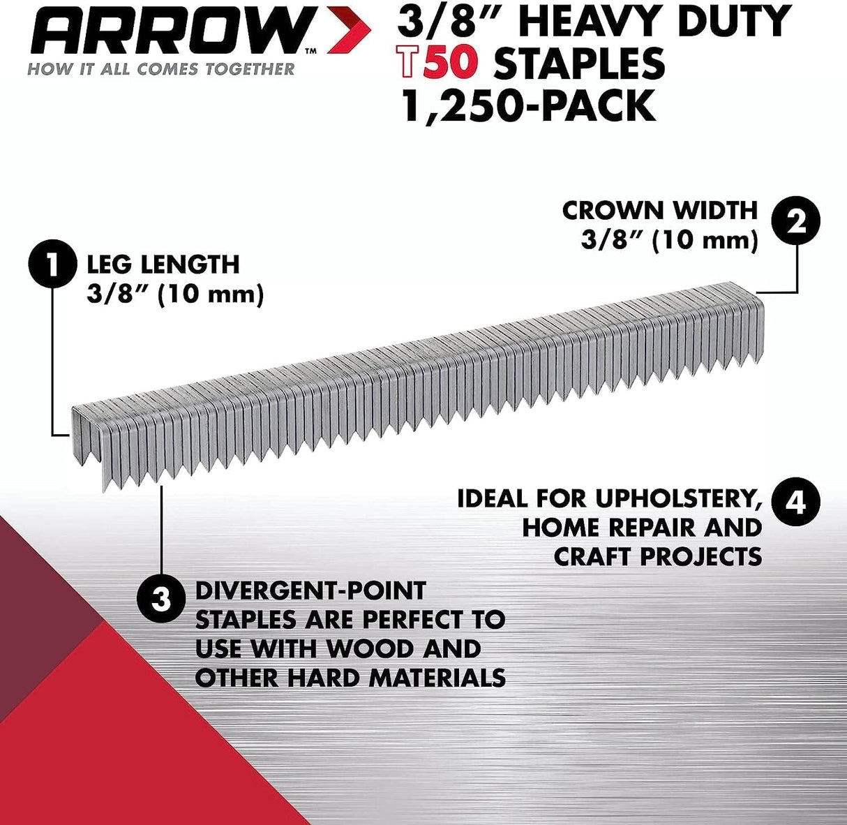 Arrow 506 Heavy Duty T50 3/8-Inch Leg Length, 3/8-Inch Crown, Staples for Upholstery, Construction, Furniture, Crafts, 1250-Pack, Made in the USA