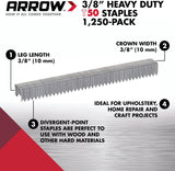 Arrow 506 Heavy Duty T50 3/8-Inch Leg Length, 3/8-Inch Crown, Staples for Upholstery, Construction, Furniture, Crafts, 1250-Pack, Made in the USA