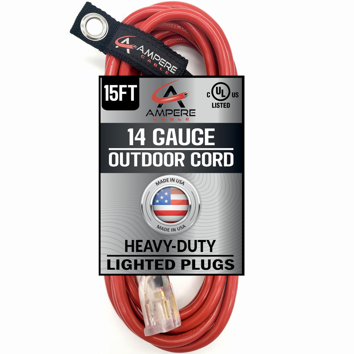 50 ft - 14 Gauge Extension Cord Outdoor - Made in USA - Lighted on Both Ends - Red Outdoor Extension Cord Waterproof by Anthem Cable - Heavy Duty Extension Cord 50 ft 15 Amp Extension Cord
