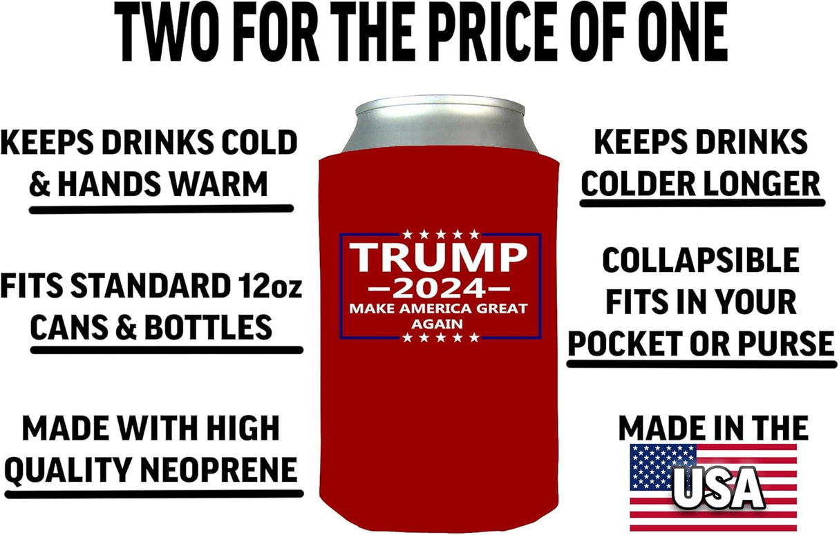 Trump Red Make America Great Again MAGA Flag Neoprene Collapsible Beer Can Bottle Beverage Cooler Sleeves 2 Pack
