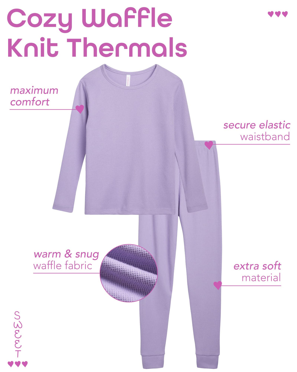 Sweet Hearts Girls' Thermal Underwear Set - 6 Piece Waffle Knit Top and Long Johns Base Layer Set: Made in USA (2T-16)