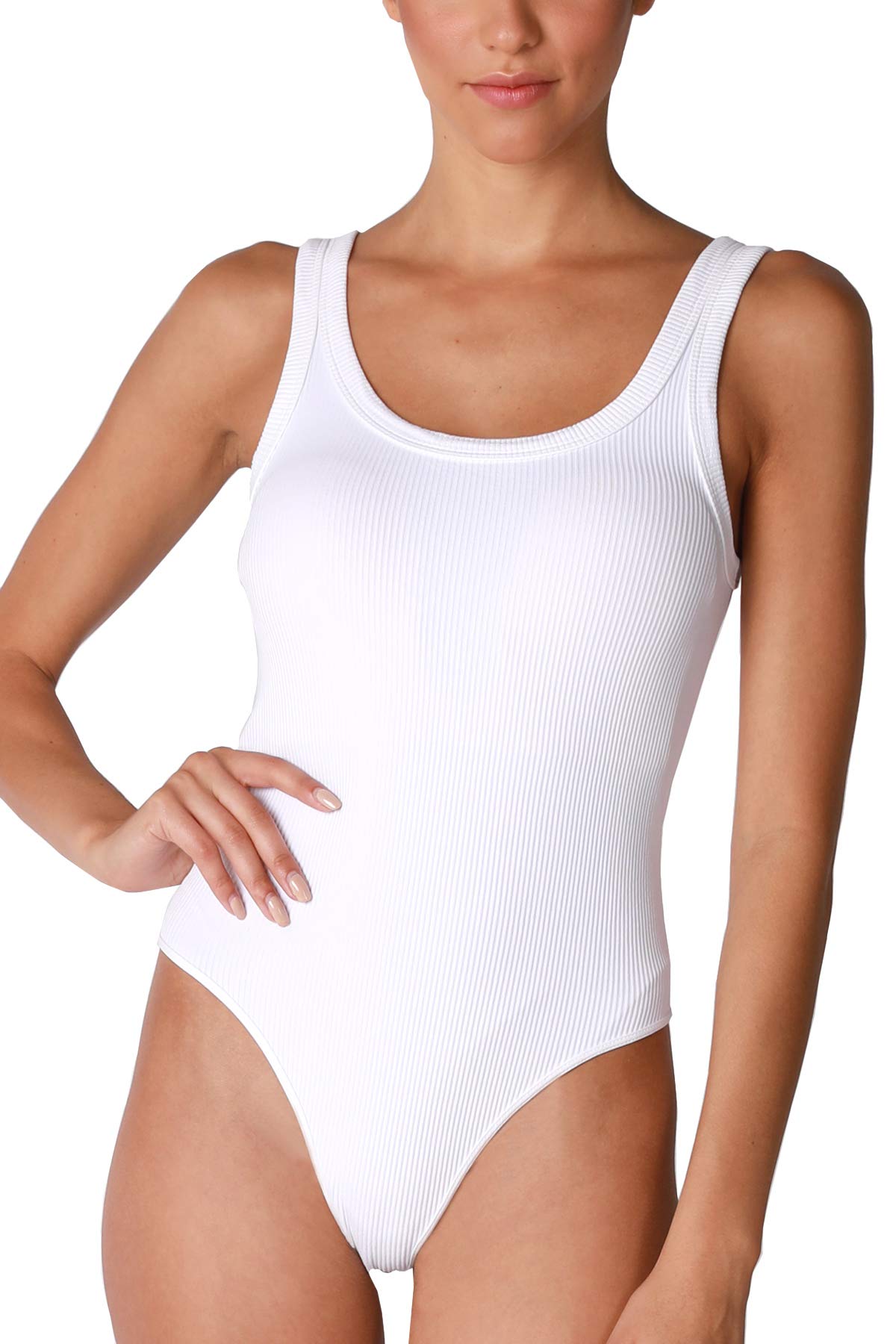 NIKIBIKI Women Seamless Ribbed Scoop Neck & Back Bodysuit, Made in U.S.A, One Size