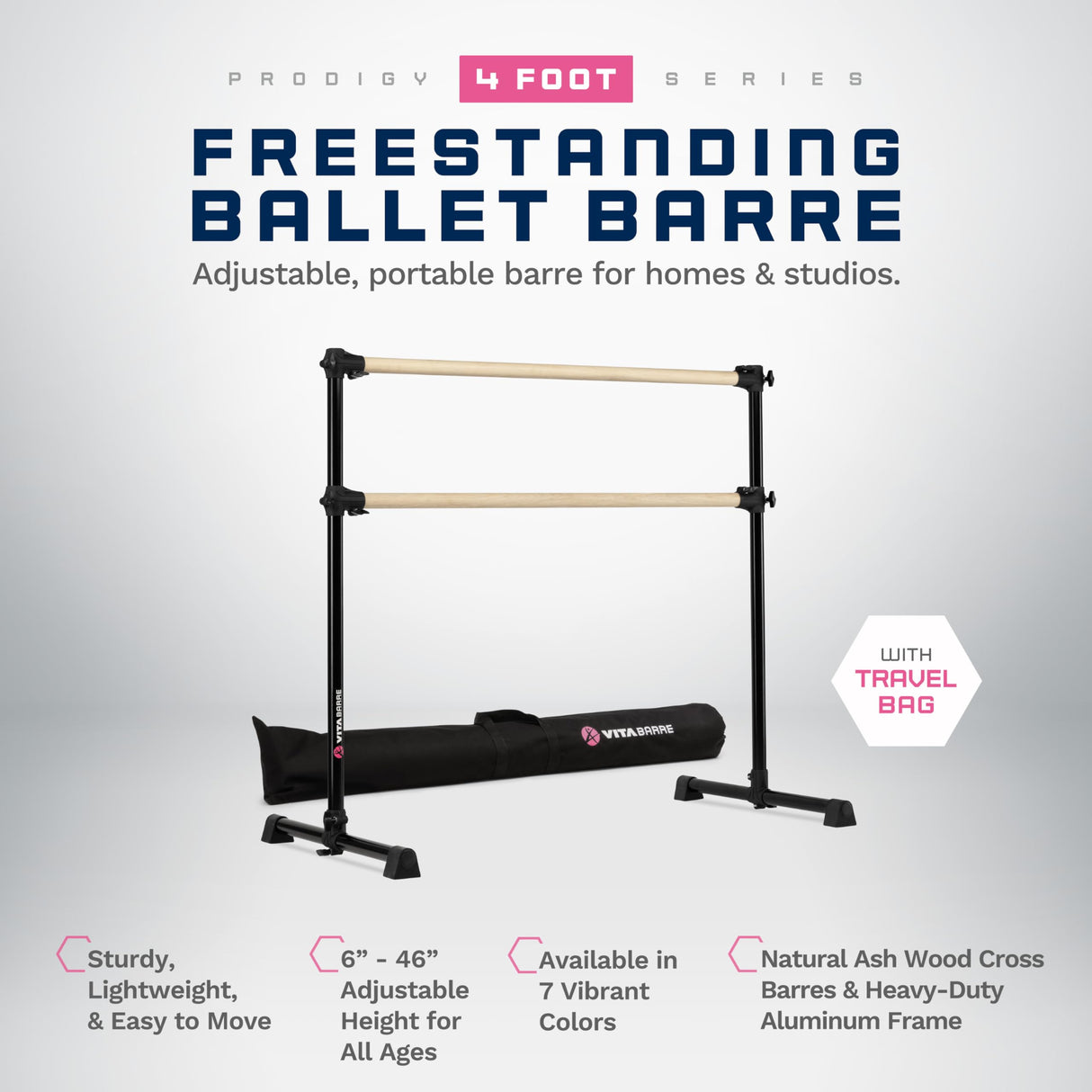 VITA Barre Portable Freestanding Double Ballet Barre, Prodigy, with Carry Bag | Adjustable Height, USA Made, Home or Gym Exercise Equipment for Kids & Adults | Dance, Fitness, Pilates