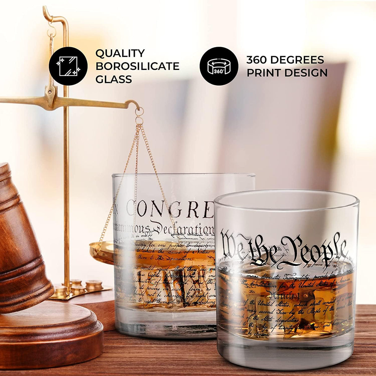 Lucky Shot - Constitution and Declaration of the Independence Whiskey Glass | United States Constitution & We The People | Old Fashioned Rocks Glasses -Set of 2 (11 oz)