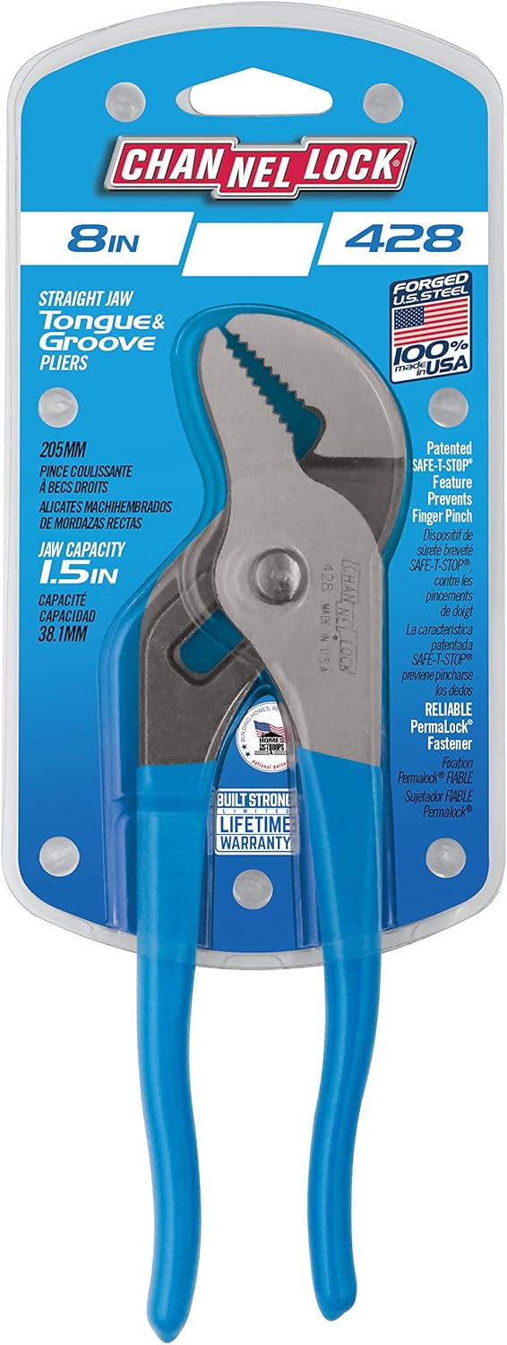 CHANNELLOCK 428 Straight Jaw Tongue & Groove Pliers, 8-inch | 1-1/2-inch Jaw Capacity | 4 Adjustments | SAFE-T-STOP feature prevents finger pinch | Forged High-Carbon U.S. Steel | Made in USA, Polished Steel