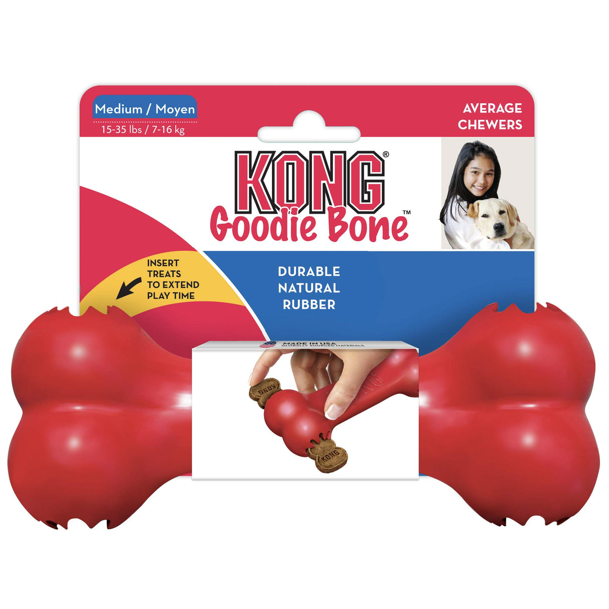 KONG Goodie Bone - Classic Durable Natural Rubber Dog Bone, Supports Mental Engagement - Treat Dispensing - Red - for Medium Dogs