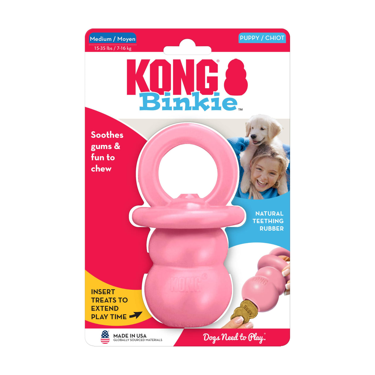 KONG Puppy Binkie - Pacifier Dog Toy for Puppies - Stuffable Chew Toy for Puppy Playtime - Durable Natural Rubber Dog Treat Toy for Teething Puppy - for Small Puppies - Blue